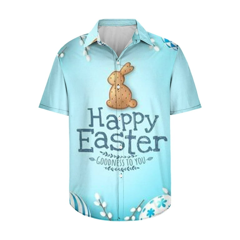 Easter Day Hawaiian Shirts for Men Easter Eggs Print Short Sleeves Shirt  Button Down Shirts Blouse With Pocket