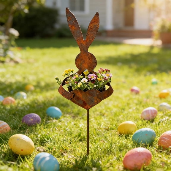 Easter Metal Rabbit Garden Stake, 35-Inch Vintage Bunny Planter, Rustic Farmhouse Spring Yard Decor, 2026 New Outdoor Decoration for Lawn and Garden(XX)