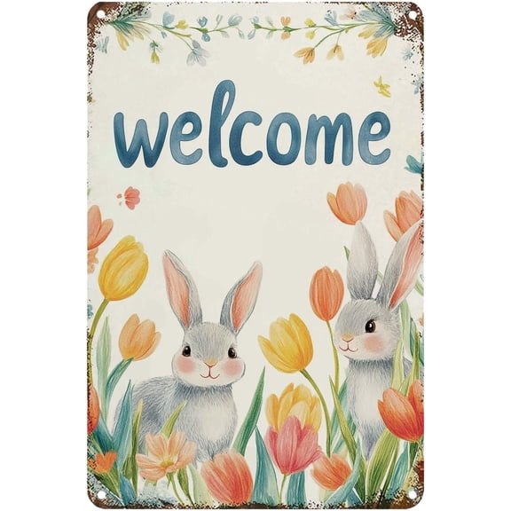 Easter Metal Signs Welcome Rabbits Vintage Tin Sign Funny Sign for Home Bedroom Kitchen Bar Pub Garage Garden Patio Porch Decor 8x12 Inch