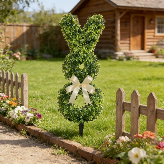 Easter Metal Yard Stake, Double Ring Bunny Garden Stake, Outdoor Holiday Decor, Rustproof Lawn Ornament(Green-B)