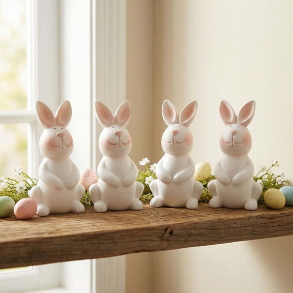 Easter Mini Bunny Figurines Set 4Counts,White Rabbit Easter Decorations Plastic Bunny Ornaments for Home Table Living Room Shelf Easter Holiday Decor Gift