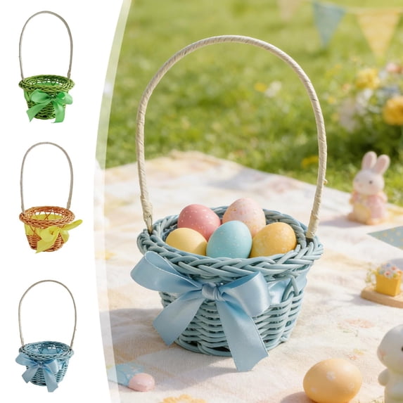 Easter Mini Woven Circular Handheld Flower Basket, Rattan-Woven Basket for Simulation Flower Bonsais and Micro Landscapes, Storage Basket for Easter Decor and Easter Gifts, 7*5*2in, Green
