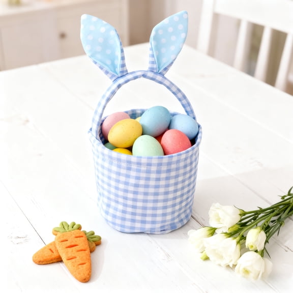 Easter Mood Decoration Cute Plaid Basket With Rabbits Ears Easter Eggs Candy Gift Storage Handbag