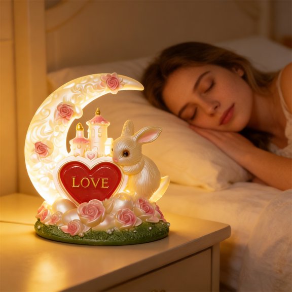 Easter Moon and Rabbit Love Rose 3D Decorative Nightlight, Cute Rabbit Resin Lamp Light up Easter, Ornament for Spring Indoor Bedroom