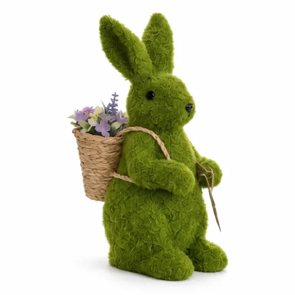 Easter Moss Bunny Decor with Flower Basket, Spring Rabbit Figurine Green Tabletop Centerpiece, Farmhouse Easter Decoration