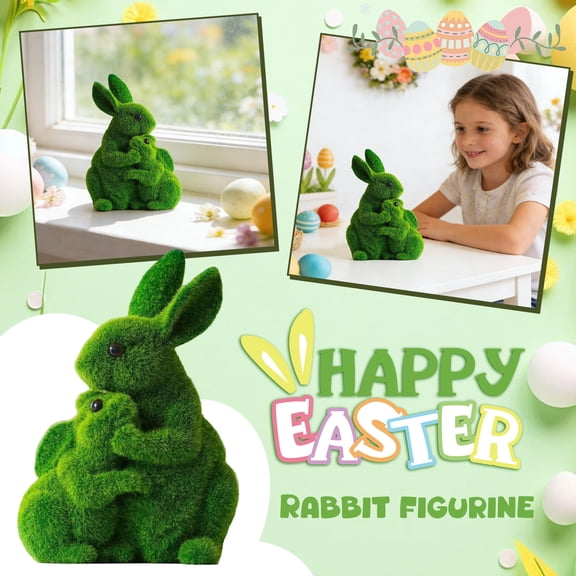 Easter Moss Flocked Rabbit Statue, Realistic Flocked Animal Figurine, Spring Home Decor, Table Centerpiece, 6.69"L x 10.04"H 
