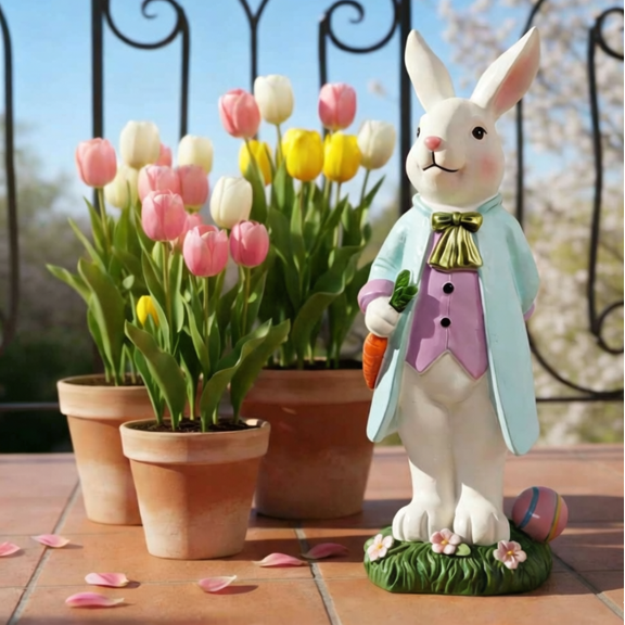 Easter Mr. Bunny Resin Figurine, Vintage Gentleman Bunny Statue with Top Hat, 26.5cm Tabletop Ornament for Spring Easter Home Holiday Decor