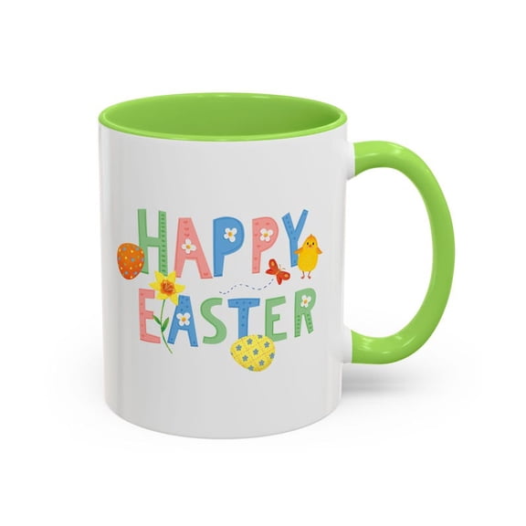 Easter Mug, Colorful Mug, Easter Basket Gift, Happy Easter Mug, Print on B1Oth Sides, Accenolors Green Blue Pink or Golden Yellow