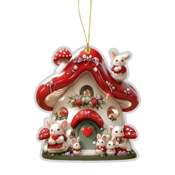 Easter Mushroom Bunny House 2D Acrylic Small Hanging Ornament, For Car Interior Decoration, Backpack Charm, Home Decor Gift, Easter Party Favor Supplies