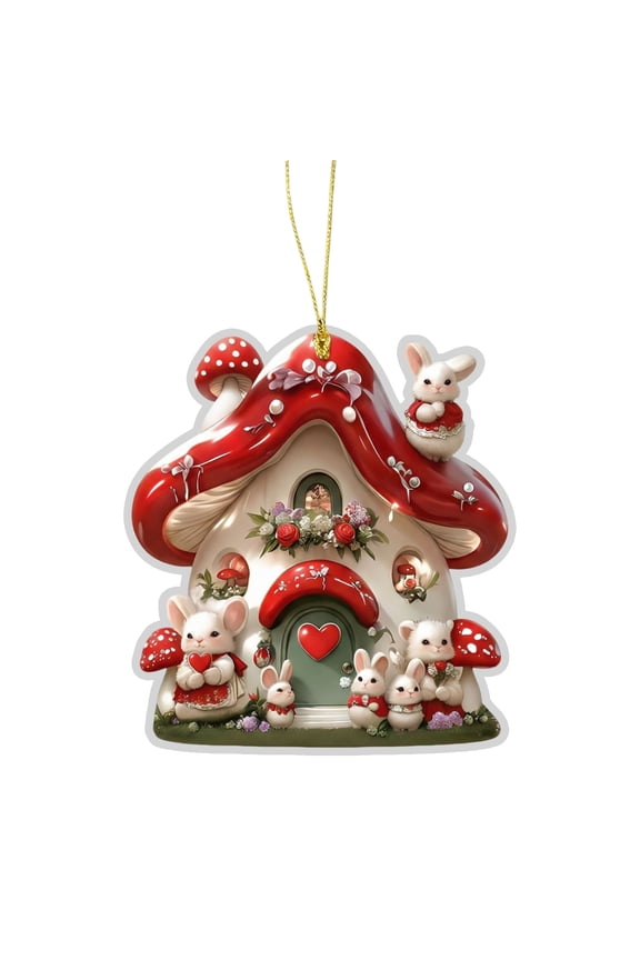 Easter Mushroom Bunny House 2D Acrylic Small Hanging Ornament, For Car Interior Decoration, Backpack Charm, Home Decor Gift, Easter Party Favor Supplies