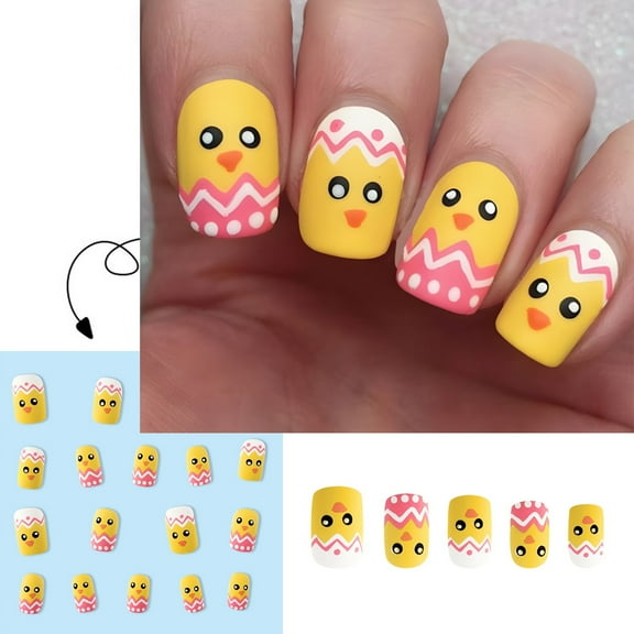 Easter Nails Cute Chick Egg Yellow Pattern On Nails Spring Holiday Party Wear Nails for Women Girls