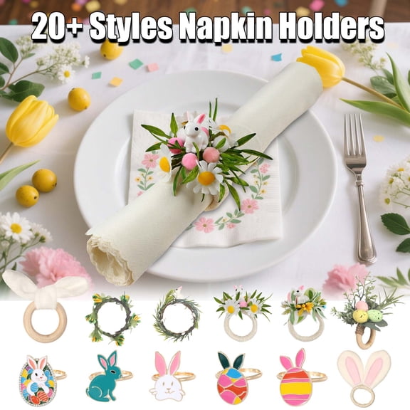 Easter Napkin Rings for Table Decor,Handmade Farmhouse Eggs Bunny Berry Napkin Buckles with Green Leaf for Spring Holiday Easter Baby Shower Parties Wedding,Dinner Rattan Tissue Ring 2.9"x2.7"