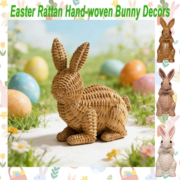 Easter Natural Rattan Handwoven Bunny Easter Basket Decoration, Wicker Rabbit Ornament for Spring Holiday Decor, Pastoral Farmhouse Indoor Outdoor Tabletop Porch Home Centerpiece, HAODEJW
