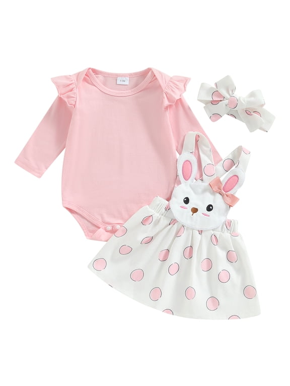 Easter Newborn Baby Girl Bunny Outfit Long Sleeve Romper Rabbit Suspender Skirt Overall Dress Headband My 1st Easter Outfit