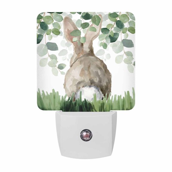 Easter Night Lights Plug Into Wall, LED Dusk to Dawn Sensor Night Light, Spring Bunny Botanical Eucalyptus Leaves Plants Nightlight for Bedroom Bathroom Living Room Hallway Home Wall Decor