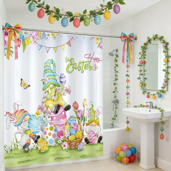 Easter No-Drill Bath Curtain with 12 Hooks - Waterproof Bathroom Linen Fabric, Easy Install Shower Curtain, Festive Holiday Decor for Home Bathroom Shower Stall, D, 1pc