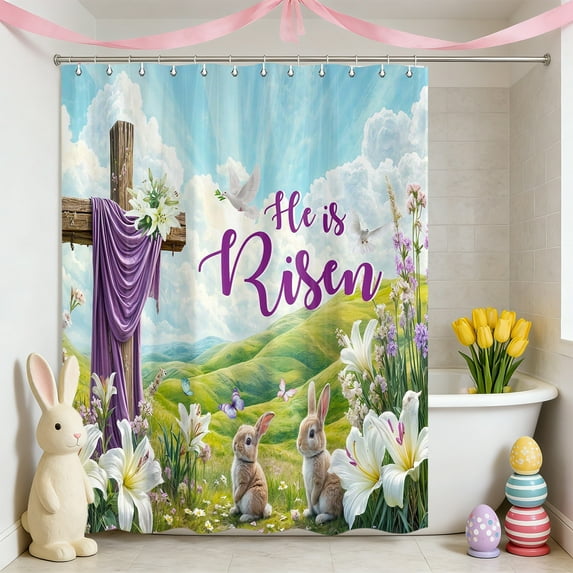 Easter No-Drill Bath Curtain - 12 Reinforced Hooks Included, Waterproof Mildew-Resistant Fabric, Festive Rabbit & Egg Print Bathroom Linen, Easy to Hang for Easter Decor, 70.87*47.24in, Multicolor