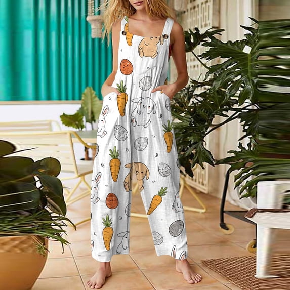 Easter Onesie Overalls for Women Cute Bunny Pattern Wide Leg Overalls Long Easter Rompers with Pockets