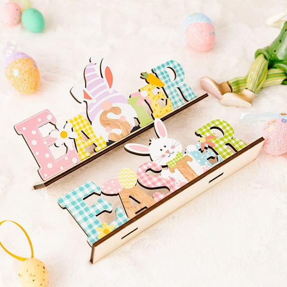 Easter Ornament,Easter Rabbit Wooden Alphabet Centerpieces Ornament,Tabletop Tray Decor Signs Easter Egg Rabbit Party Supplies-2Pcs
