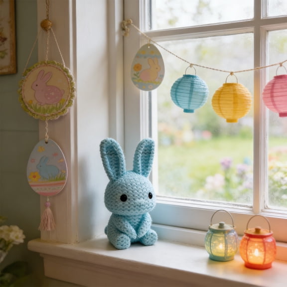 Easter Ornament,Knitted Rabbit Decoration,PLA Material with 3D Knitted Texture,Lightweight Hollow Design for Home Desktop Easter Festive Decor Use(Blue)