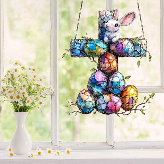 Easter Ornament Set, Acrylic Bunny and Egg Hanging Decorations with Satin Ribbon for Tree, Window, Party, Classroom - Double-Sided, Lightweight, Reusable