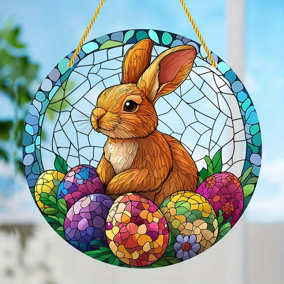 Easter Ornaments,Easter Tree Decorations,Easter Bunny Stained Glass Round Suncatcher,Outdoor Easter Decorations,Easter Table Decor,Easter Tree Ornaments(A)