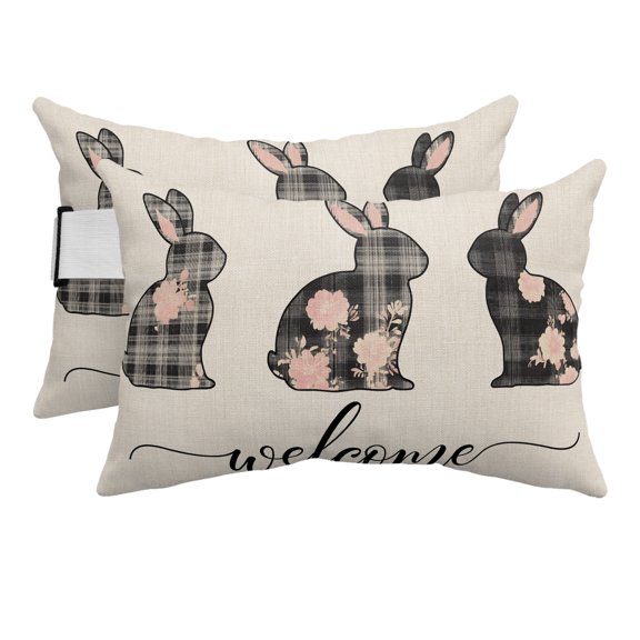 Easter Outdoor Pillows for Chaise Lounge Chair Beach Headrest Pillow Set of 2 Waterproof Lumbar Pillows with Insert&Strap Retro Spring Rabbit Plaid Flowers Animal Floral Pillow for Patio Pool 12"x20"
