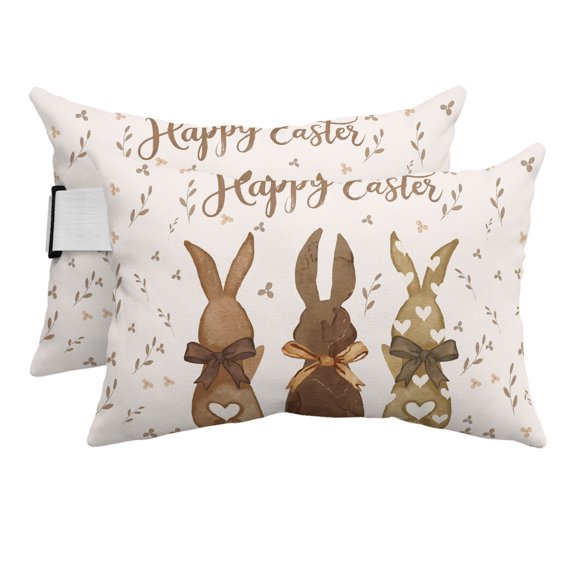 Easter Outdoor Pillows for Chaise Lounge Chair Beach Headrest Pillow Set of 2 Waterproof Lumbar Pillows with Insert&Strap Spring Bunny Retro Bow Retro Botanical Brown Pillow for Patio Pool 12"x20"