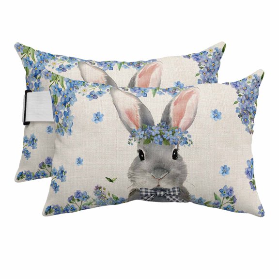 Easter Outdoor Pillows for Chaise Lounge Chair Beach Headrest Pillow Set of 2 Waterproof Lumbar Pillows with Insert&Strap Spring Rabbit Blue Botanical Flowers Farmhouse Pillow for Patio Pool 12"x20"