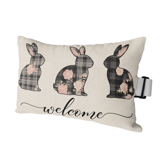 Easter Outdoor Pillows for Chaise Lounge Chair Waterproof Lumbar Pillows with Insert&Strap Beach Headrest Pillow Retro Spring Rabbit Plaid Flowers Animal Floral Pillow for Patio Pool 11"x16"