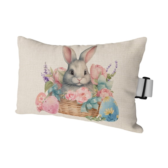 Easter, Outdoor Pillows for Chaise Lounge Chair Waterproof Lumbar Pillows with Insert&Strap Beach Headrest Pillow Rustic Easter Basket Eggs Rabbits Tulip Lavender Pillow for Patio Pool 12"x20"