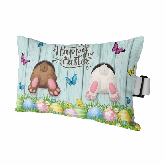 Easter Outdoor Pillows for Chaise Lounge Chair Waterproof Lumbar Pillows with Insert&Strap Beach Headrest Pillow Spring Easter Eggs Bunny Farmhouse Wooden Grain Pillow for Patio Pool 12"x20"