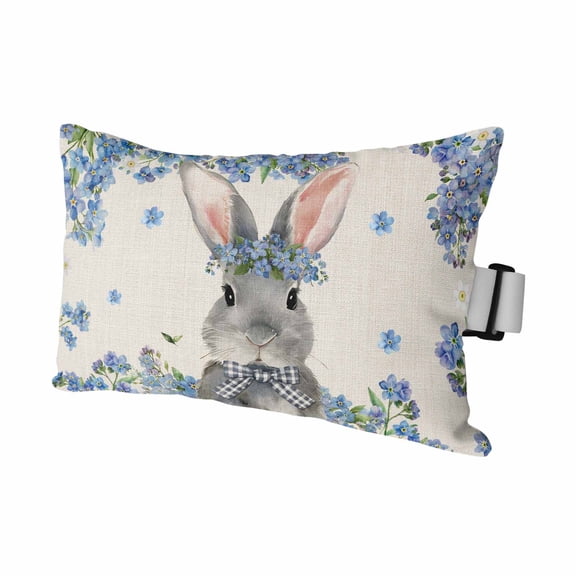 Easter Outdoor Pillows for Chaise Lounge Chair Waterproof Lumbar Pillows with Insert&Strap Beach Headrest Pillow Spring Rabbit Blue Botanical Flowers Farmhouse Pillow for Patio Pool 12"x20"