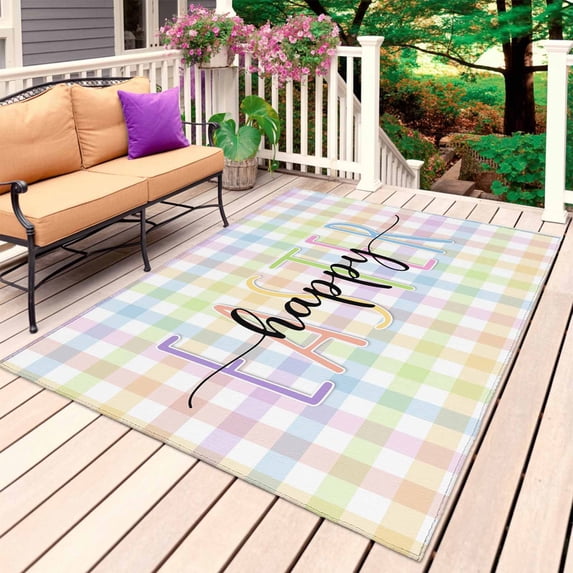 Easter Outdoor Rug 3x5 Ft, Non Slip Washable Area Rug, Colorful Checkered Plaid Spring Gingham Textured Patio Rugs Carpet Runner, Large Floor Mat for Indoor/Outdoor Deck Porch Camping
