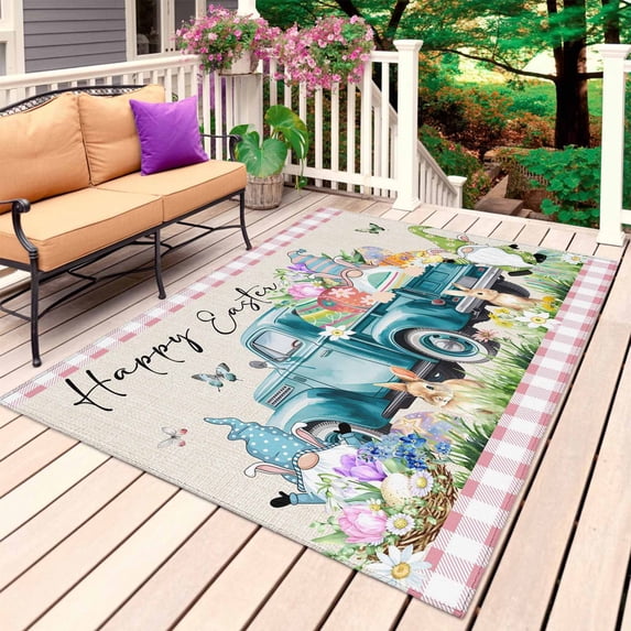 Easter Outdoor Rug 3x5 Ft, Non Slip Washable Area Rug, Pink Plaid Blue Truck Eggs Bunny Retro Art Patio Rugs Carpet Runner, Large Floor Mat for Indoor/Outdoor Deck Porch Camping