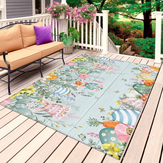 Easter Outdoor Rug 3x5 Ft, Non Slip Washable Area Rug, Spring Eggs Eucalyptus Branch Floral Wooden Patio Rugs Carpet Runner, Large Floor Mat for Indoor/Outdoor Deck Porch Camping