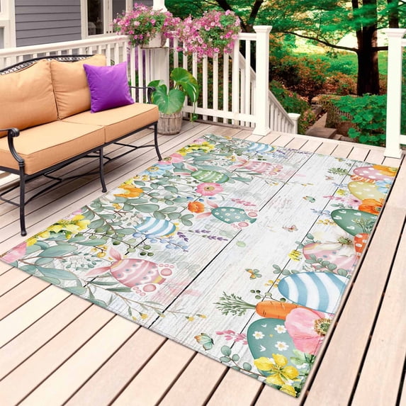 Easter Outdoor Rug 3x5 Ft, Non Slip Washable Area Rug, Spring Eggs Eucalyptus Leaves Wooden Grain Patio Rugs Carpet Runner, Large Floor Mat for Indoor/Outdoor Deck Porch Camping