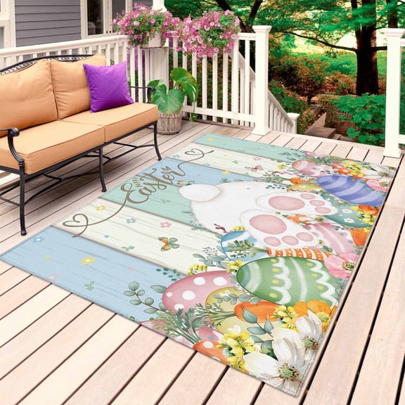 Easter Outdoor Rug 3x5 Ft, Non Slip Washable Area Rug, Spring Rabbit Ears Foot Flowers Eggs Green Wooden Patio Rugs Carpet Runner, Large Floor Mat for Indoor/Outdoor Deck Porch Camping