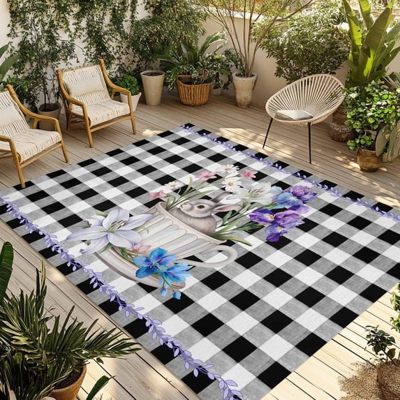 Easter Outdoor Rug 4x6 Ft - Reversible Patio Rug Outdoor Camping Rugs, Spring Bunny Botanical Blooms Flowers Black Plaid Indoor Outdoor Area Rugs, Non-Slip Outdoor Carpet Runner for Deck/Porch