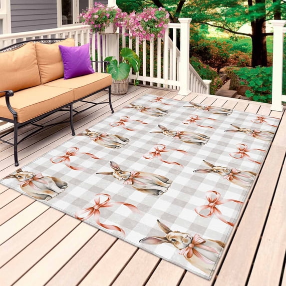 Easter Outdoor Rug 6x9 Ft, Non Slip Washable Area Rug, Spring Pink Bow Bunny Grey White Checkered Patio Rugs Carpet Runner, Large Floor Mat for Indoor/Outdoor Deck Porch Camping