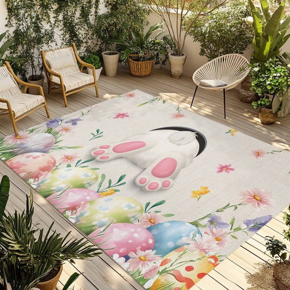 Easter Outdoor Rug for Patio/Deck/Porch, Non-Slip Large Area Rug 3 x 5 Ft, Country Spring Rabbit Feet Eggs Botanical Flowers Indoor Outdoor Rugs Washable Area Rugs, Camping Rug Carpet Runner