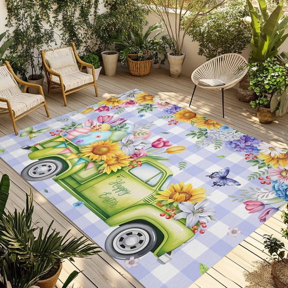 Easter Outdoor Rug for Patio/Deck/Porch, Non-Slip Large Area Rug 3 x 5 Ft, Green Truck Eggs Flowers Butterflies Purple Plaid Indoor Outdoor Rugs Washable Area Rugs, Camping Rug Carpet Runner