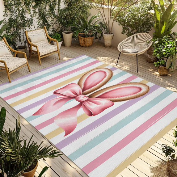 Easter Outdoor Rug for Patio/Deck/Porch, Non-Slip Large Area Rug 3 x 5 Ft, Spring Cute Pink Bow Rabbit Ear Colorful Stripes Indoor Outdoor Rugs Washable Area Rugs, Camping Rug Carpet Runner