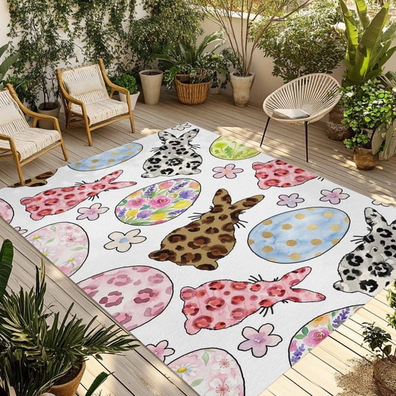 Easter Outdoor Rug for Patio/Deck/Porch, Non-Slip Large Area Rug 3 x 5 Ft, Spring Leopard Prints Bunny Colorful Eggs Flower Indoor Outdoor Rugs Washable Area Rugs, Camping Rug Carpet Runner
