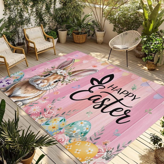 Easter Outdoor Rug for Patio/Deck/Porch, Non-Slip Large Area Rug 3 x 5 Ft, Spring Rabbit Eggs Flowers Flags Leaves Wood Grain Indoor Outdoor Rugs Washable Area Rugs, Camping Rug Carpet Runner