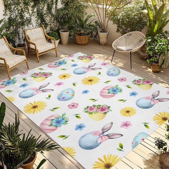 Easter Outdoor Rug for Patio/Deck/Porch, Non-Slip Large Area Rug 3 x 5 Ft, Spring Watercolor Bunny Eggs Daisy Flowers Indoor Outdoor Rugs Washable Area Rugs, Reversible Camping Rug Carpet Runner