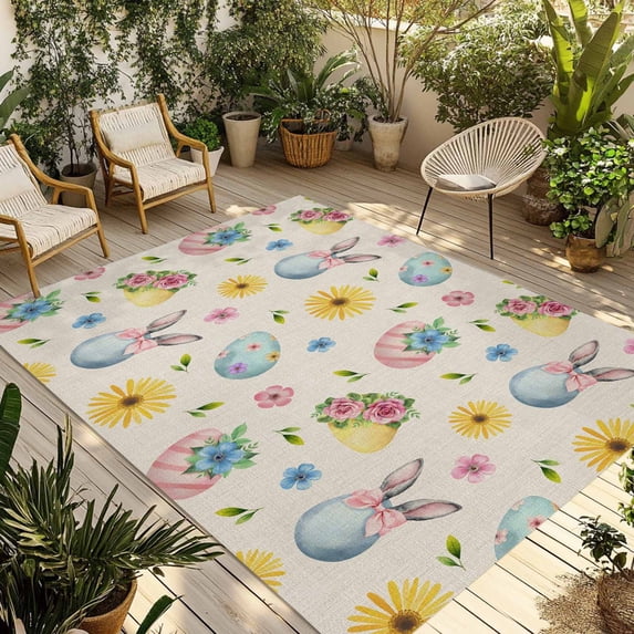 Easter Outdoor Rug for Patio/Deck/Porch, Non-Slip Large Area Rug 3 x 5 Ft, Spring Watercolor Bunny Eggs Flowers Beige Indoor Outdoor Rugs Washable Area Rugs, Reversible Camping Rug Carpet Runner