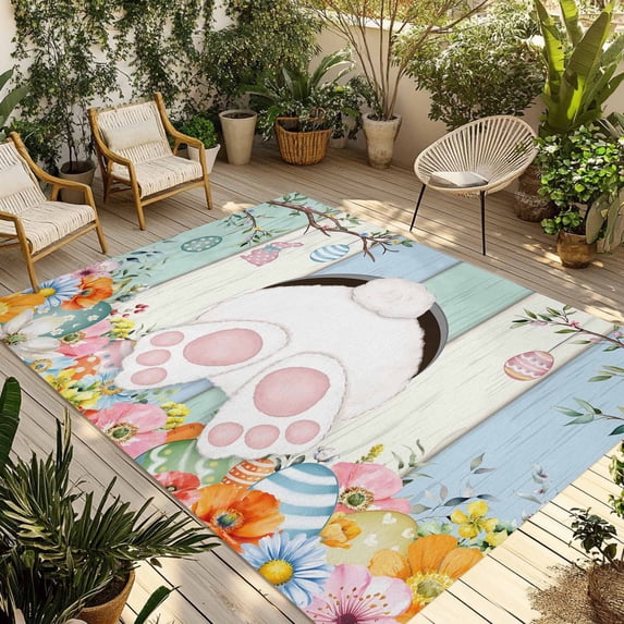 Easter Outdoor Rug for Patio/Deck/Porch, Non-Slip Large Area Rug 3 x 5 Ft, Spring Watercolor Bunny Eggs Wood Grain Teal Blue Indoor Outdoor Rugs Washable Area Rugs, Camping Rug Carpet Runner