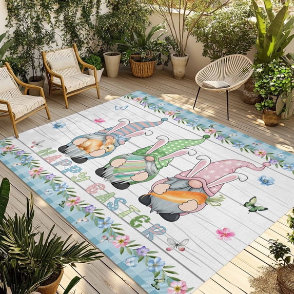 Easter Outdoor Rug for Patio/Deck/Porch, Non-Slip Large Area Rug 4 x 6 Ft, Farmhouse Gnomes Flowers Rabbit Eggs Check Wooden Indoor Outdoor Rugs Washable Area Rugs, Camping Rug Carpet Runner