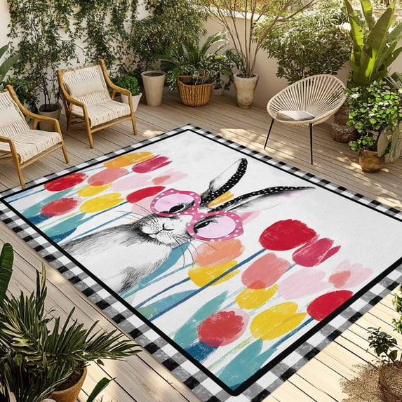 Easter Outdoor Rug for Patio/Deck/Porch, Non-Slip Large Area Rug 4 x 6 Ft, Rabbit Spring Botanical Flowers Black White Lattice Indoor Outdoor Rugs Washable Area Rugs, Camping Rug Carpet Runner